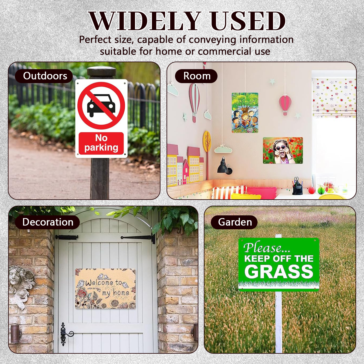 Multi-scene usage display of round metal sign for outdoor fence, indoor room, front door decor and garden yard signage