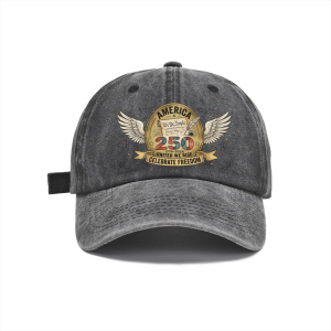Dark grey distressed washed denim baseball cap with retro winged founding document We The People 250 Celebrate Freedom patriotic graphic, USA 250 casual outdoor sun dad hat
