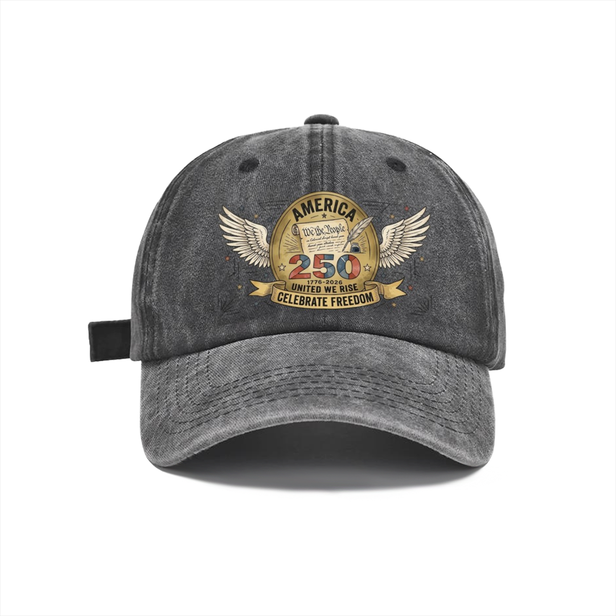Dark grey distressed washed denim baseball cap with retro winged founding document We The People 250 Celebrate Freedom patriotic graphic, USA 250 casual outdoor sun dad hat