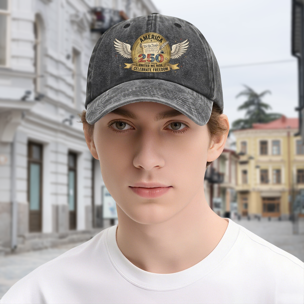 Young man street portrait wearing dark gray vintage washed wing constitution scroll USA 250 patriotic adjustable dad hat, American 250th anniversary casual outdoor baseball cap