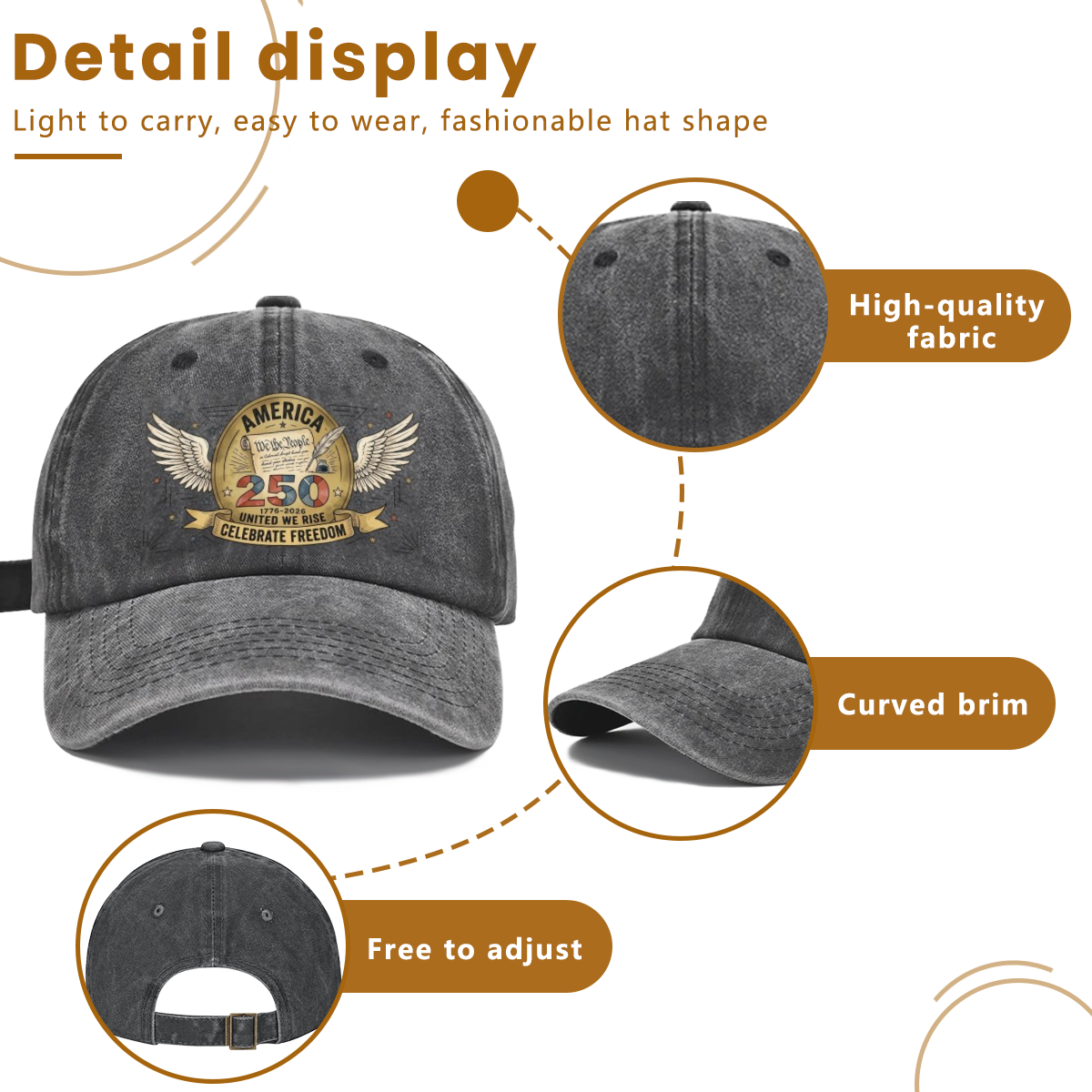 Detail infographic for washed cotton patriotic dad cap: premium breathable soft fabric, curved sun-protective brim, rear adjustable buckle closure, front winged We The People 250 freedom artwork