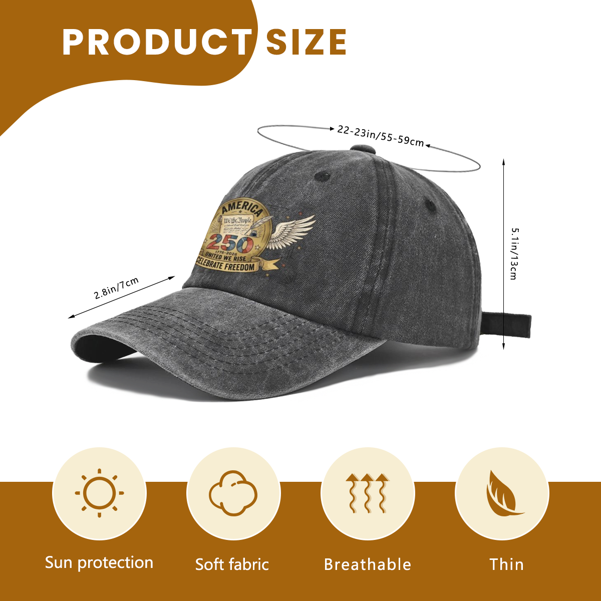 Size chart for USA 250th vintage washed wing constitution graphic baseball hat, adjustable circumference 22-23in/55-59cm, lightweight breathable sun-proof casual dad cap