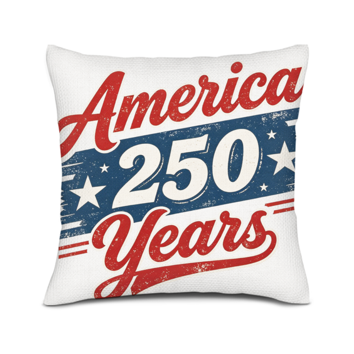 White linen cushion case with vintage distressed USA star stripe & America 250 Years front print