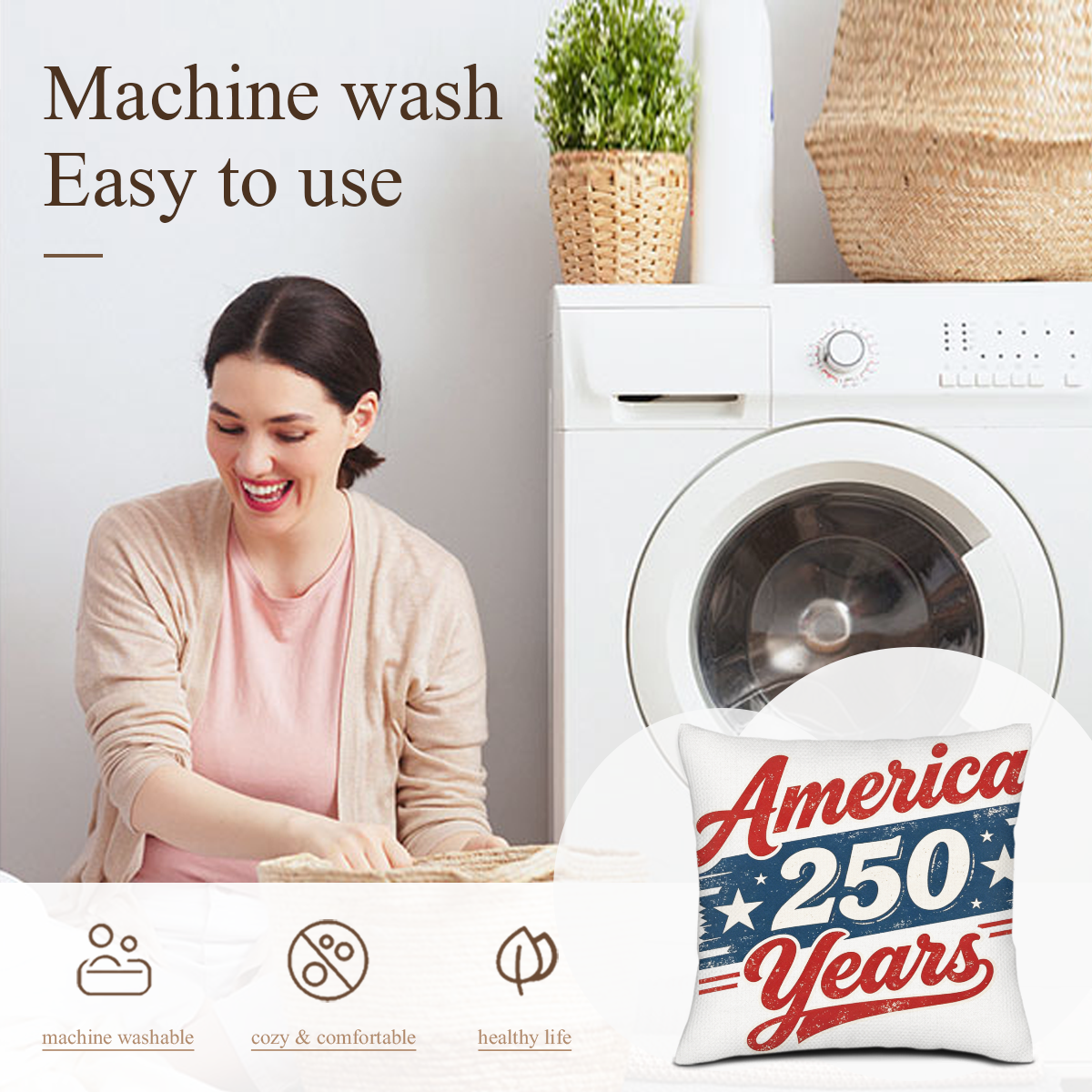 Machine washable feature introduction of America 250 Years decorative cushion cover