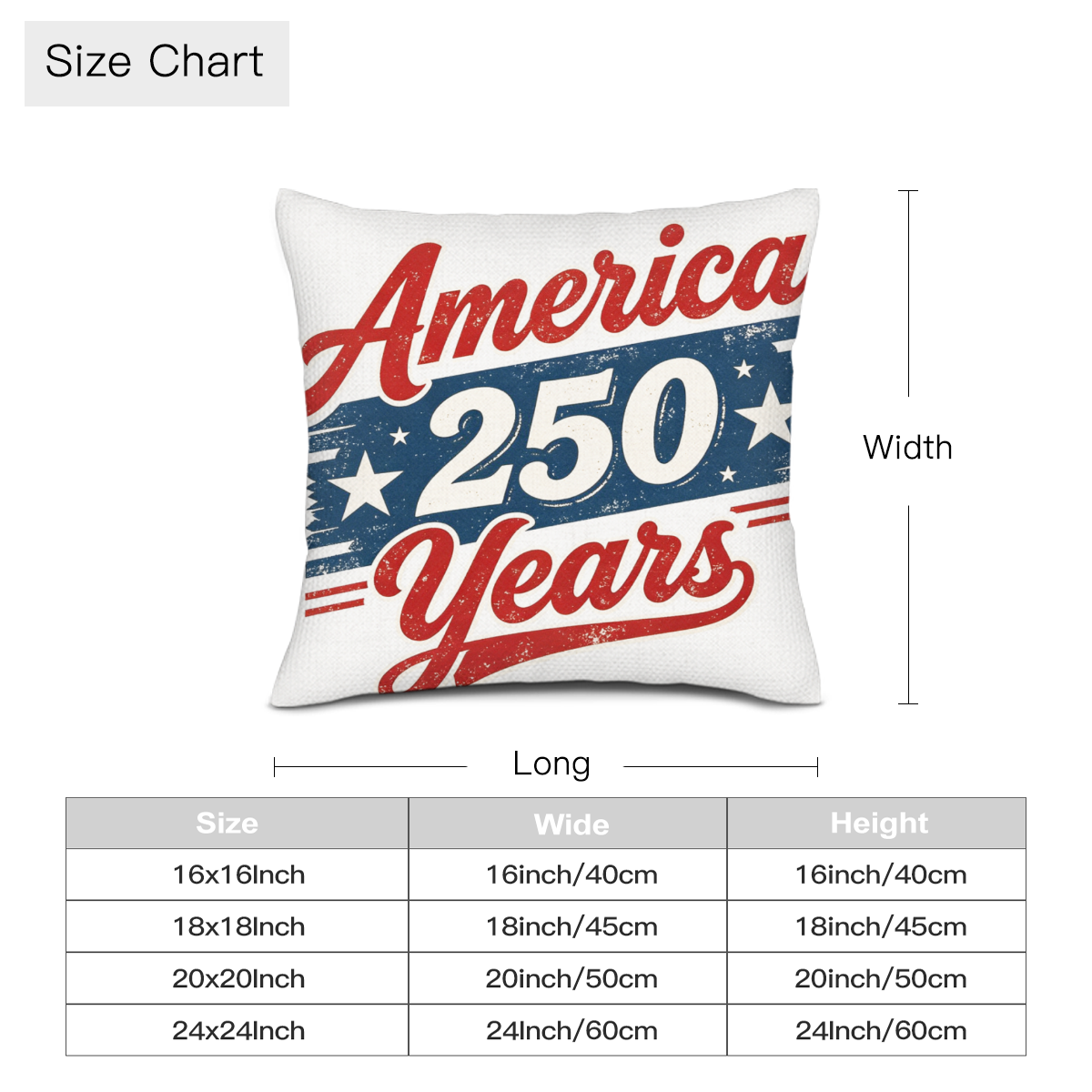 Four-size specification table (16/18/20/24 inch) for America 250 Years patriotic linen throw pillow cover