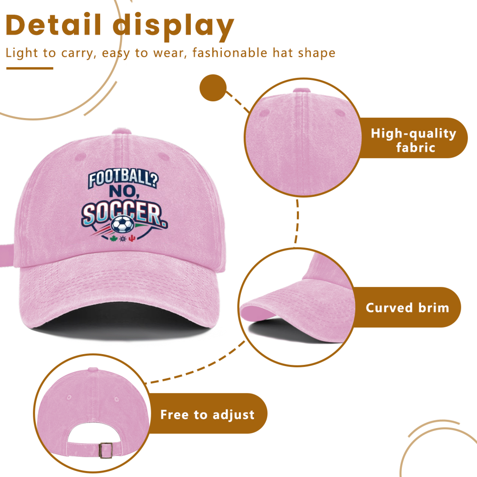 Detail display of the cap, highlighting high-quality fabric, curved brim, and adjustable back strap.
