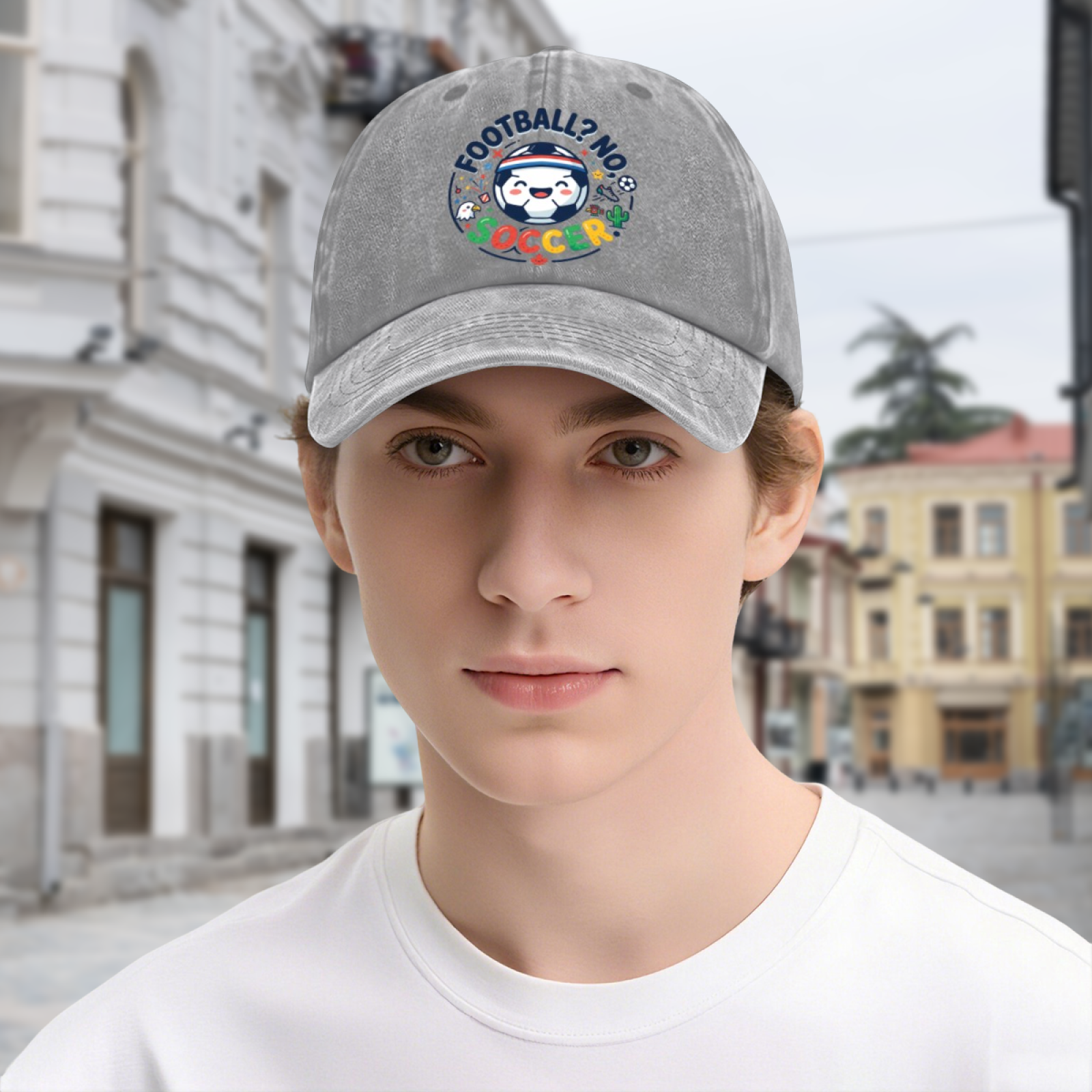 Lifestyle photo of a young person wearing the light grey cartoon soccer print baseball cap on a city street backdrop