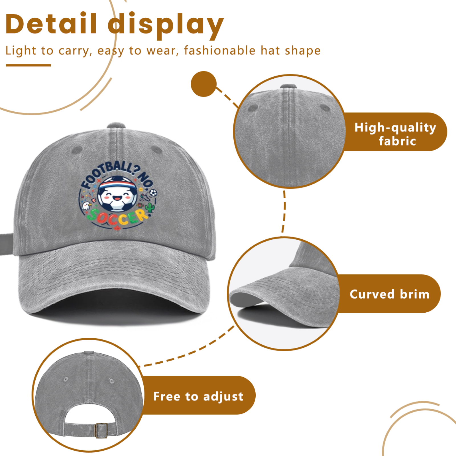 Detail infographic of the grey soccer hat, showcasing premium fabric, sun-shielding curved brim, and adjustable rear buckle strap