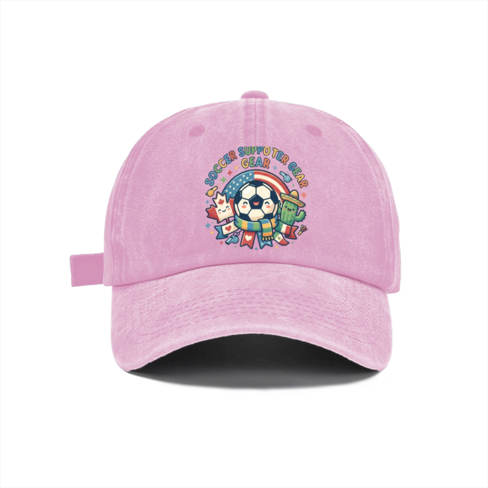 Front view of the light pink washed baseball cap, showing the full design and distressed finish