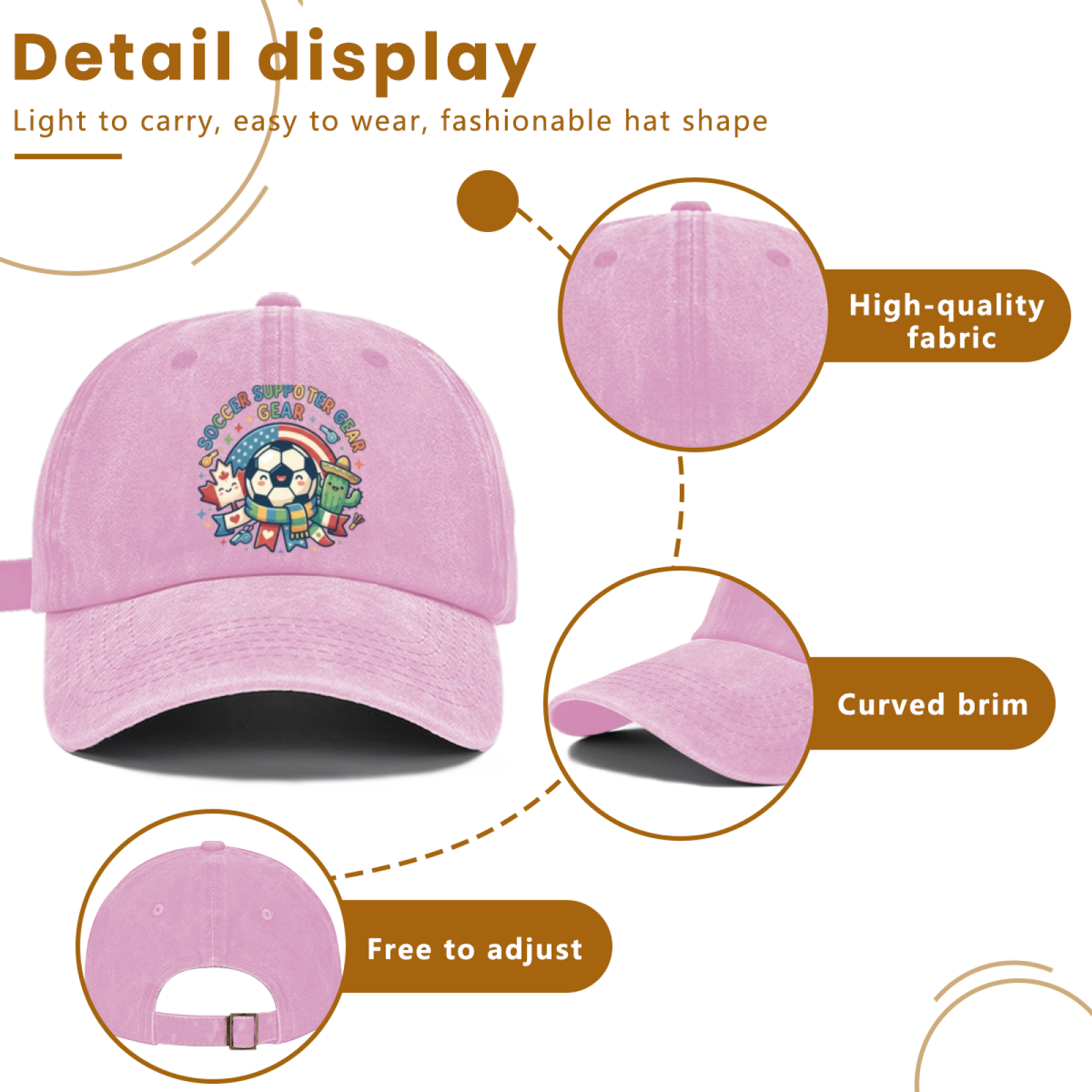 Detail display infographic highlighting the cap’s high-quality fabric, curved brim, and adjustable strap