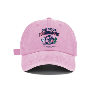 Pastel pink lightweight breathable dad hat featuring 2026 World Cup soccer maple leaf cactus graphic