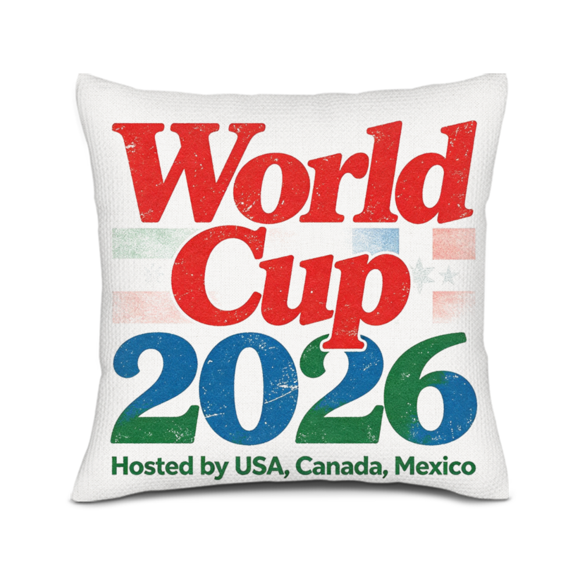 Close-up of the pillow cover featuring a distressed vintage "World Cup 2026" print with red, blue, and green lettering and faint host country flags in the background.