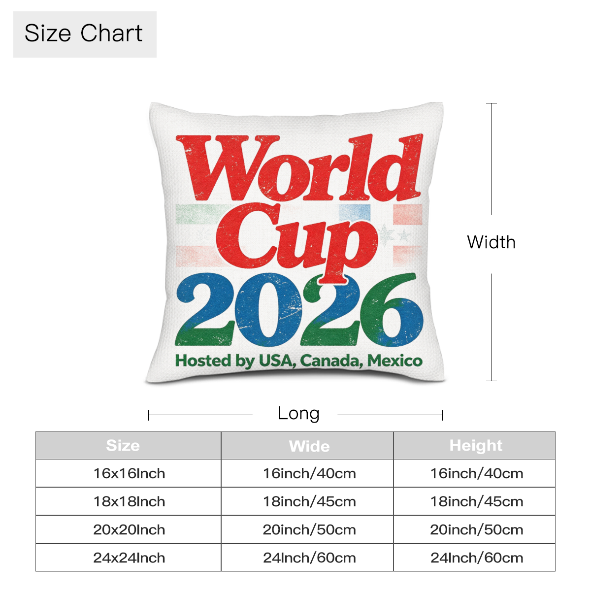 Size chart for the "World Cup 2026 USA Canada Mexico" vintage-style pillow cover, available in 16x16, 18x18, 20x20, and 24x24 inch sizes.