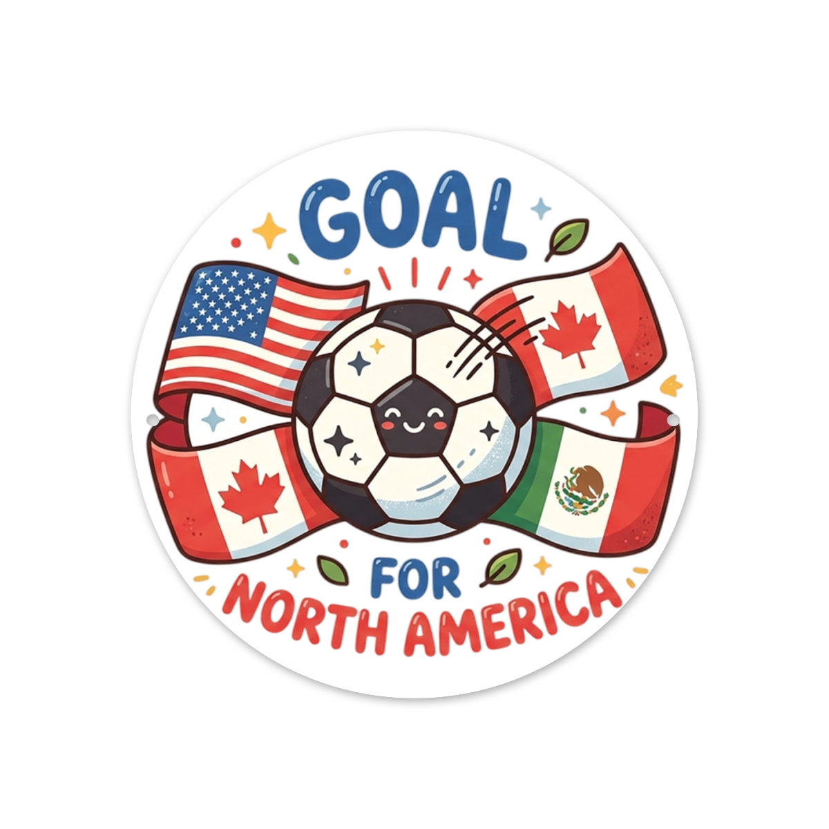 8 inch round white base aluminum sign printed with cartoon smile soccer + three nations flag Goal For North America front pattern