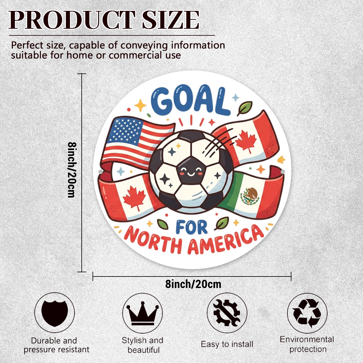20cm diameter dimension chart with four feature icons: durable pressure-resistant, stylish appearance, easy installation, eco-friendly aluminum plaque