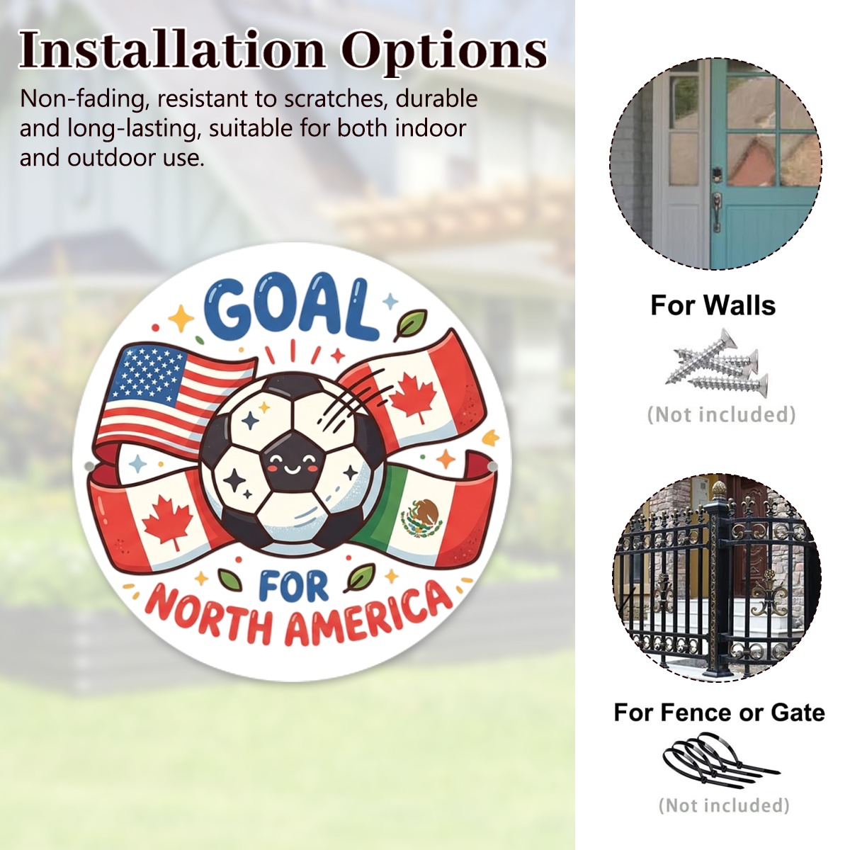 Two mounting solutions, fixed on wall with screws or fastened on fence/gate with zip ties (hardware not included)