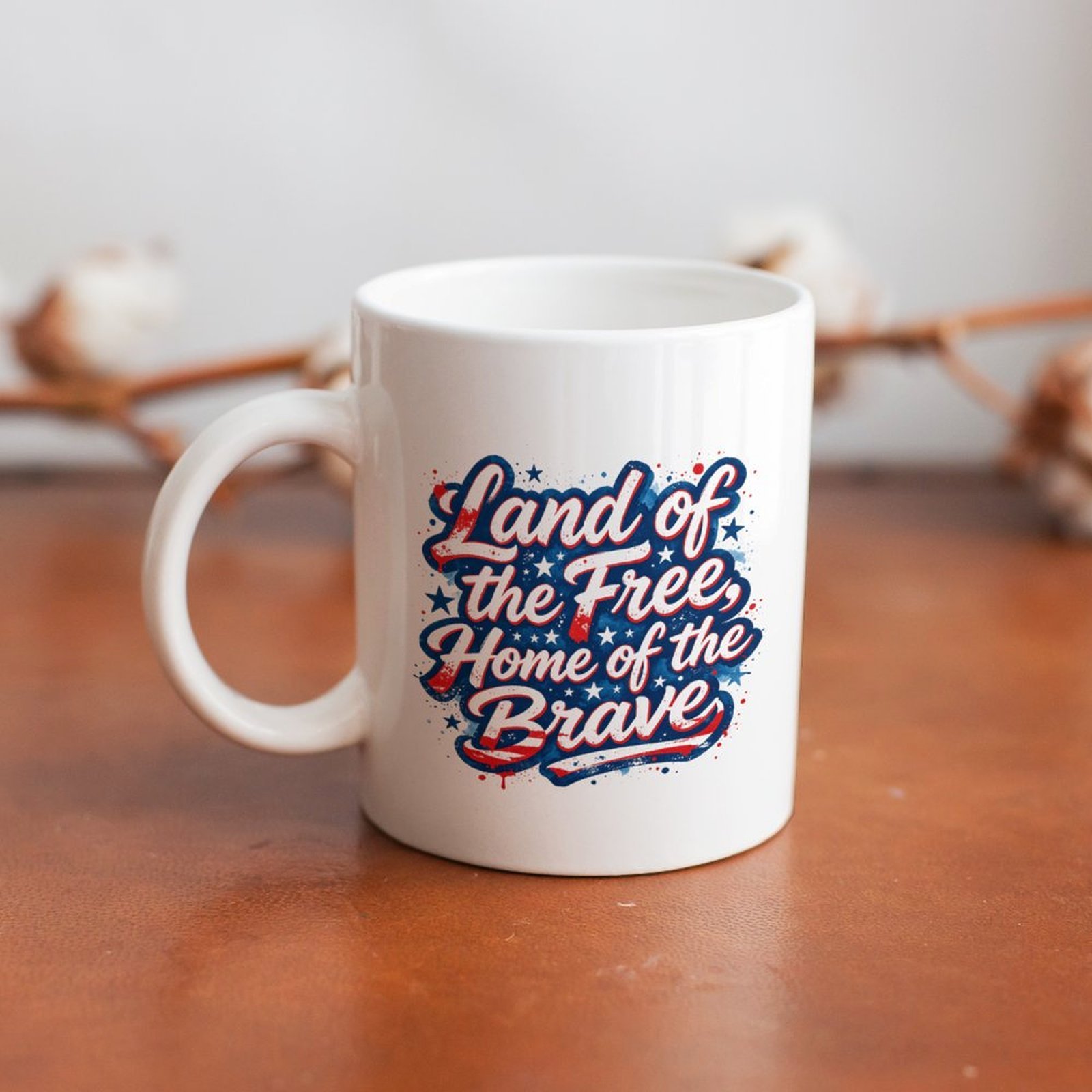 Plain white ceramic coffee mug with retro red white blue star patriotic slogan artwork, home kitchen casual drink cup
