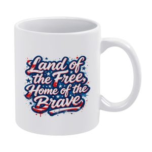 Blank white 11oz glossy ceramic mug with grunge splash Land of the Free Home of the Brave USA patriotic graphic print