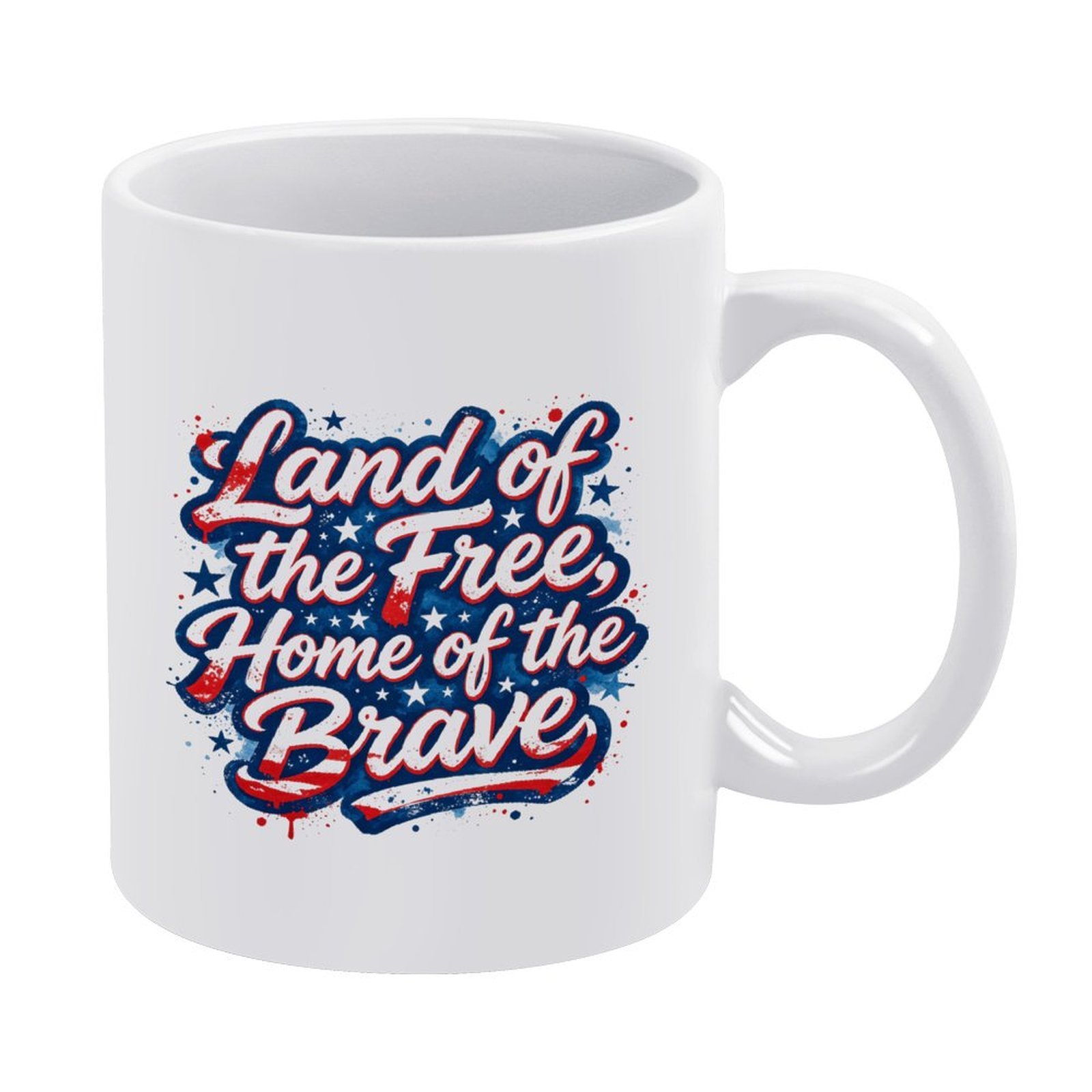 Blank white 11oz glossy ceramic mug with grunge splash Land of the Free Home of the Brave USA patriotic graphic print