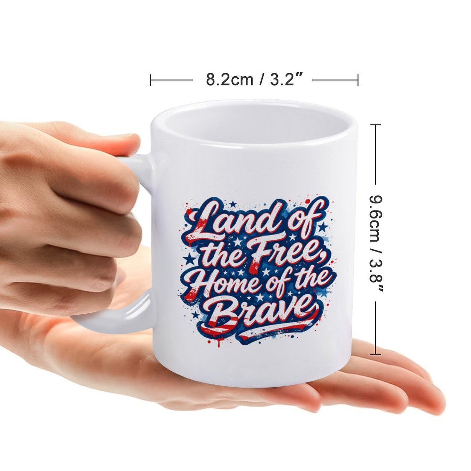 Handheld 11oz white glossy ceramic mug measuring 8.2×9.6cm with vintage star splatter Land Of The Free patriotic front print