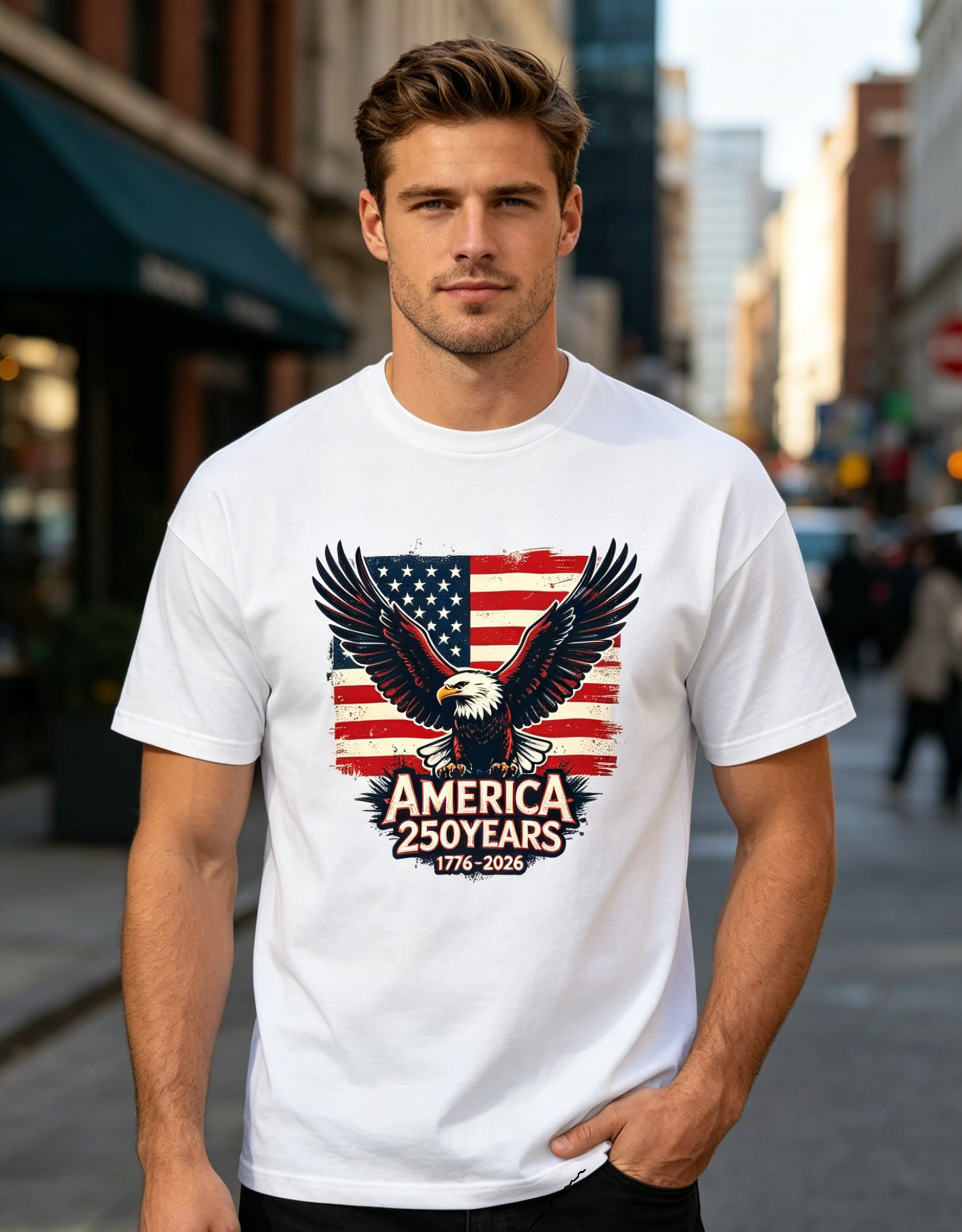 Male wearing white crew neck cotton tee with vintage distressed bald eagle & USA flag America 250 Years patriotic front print, city street casual apparel