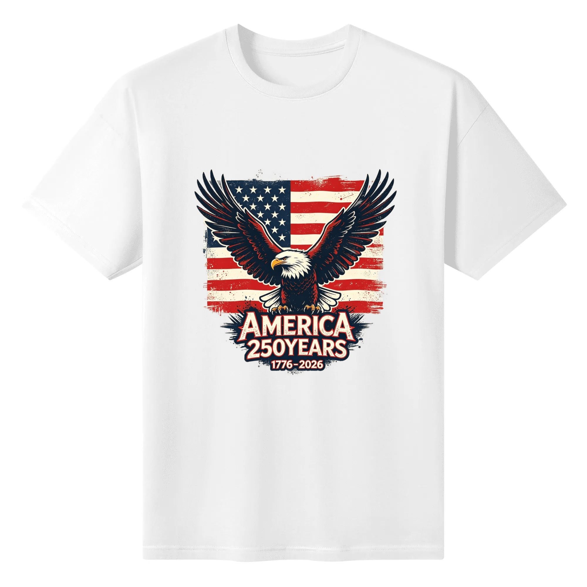 Blank white short sleeve t-shirt with retro grunge spread-wing eagle American flag 1776-2026 anniversary graphic