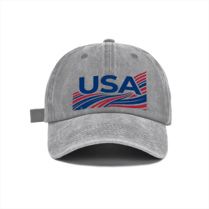 Faded grey casual washed baseball cap with red blue wavy flag USA patriotic artwork