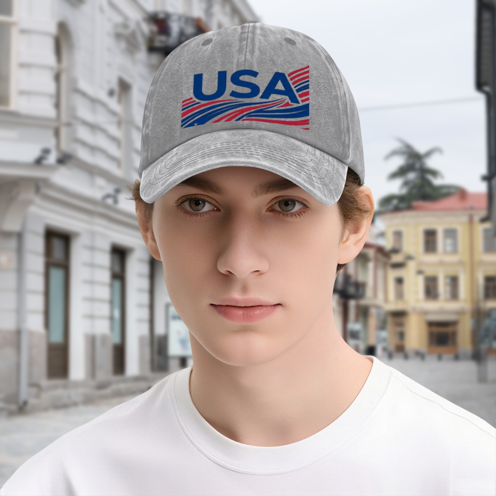 Young male wearing grey USA wavy flag print washed baseball cap for everyday street styling