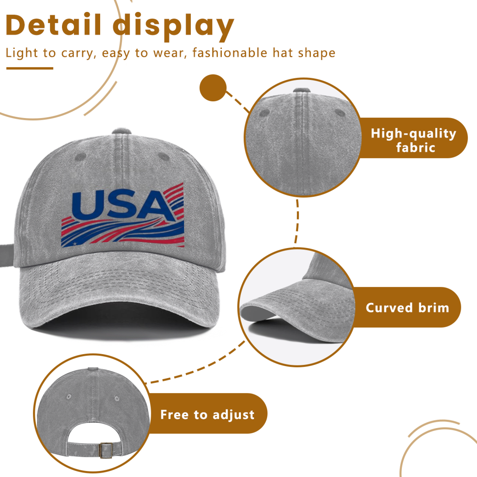 Split close-up view showing cap fabric, curved brim and adjustable back strap of USA flag printed washed hat