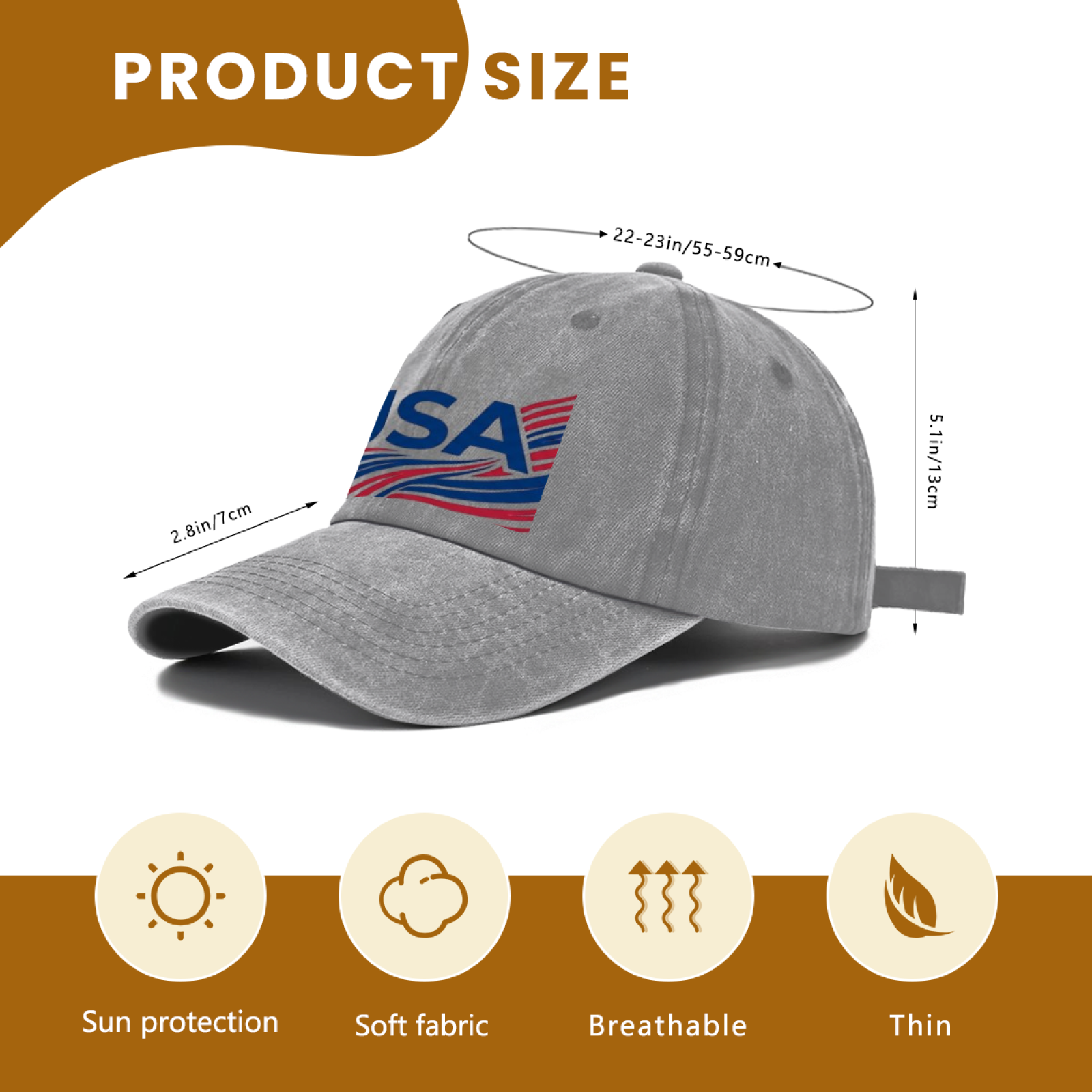 Split close-up view showing cap fabric, curved brim and adjustable back strap of USA flag printed washed hat