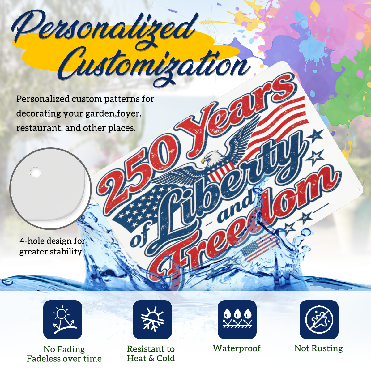 Waterproof rustproof fade resistant USA 250th anniversary metal sign feature diagram, 4 pre-drilled holes outdoor garden decorative iron plaque
