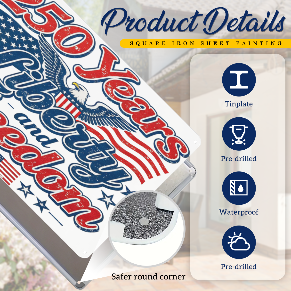 Waterproof rustproof fade resistant USA 250th anniversary metal sign feature diagram, 4 pre-drilled holes outdoor garden decorative iron plaque