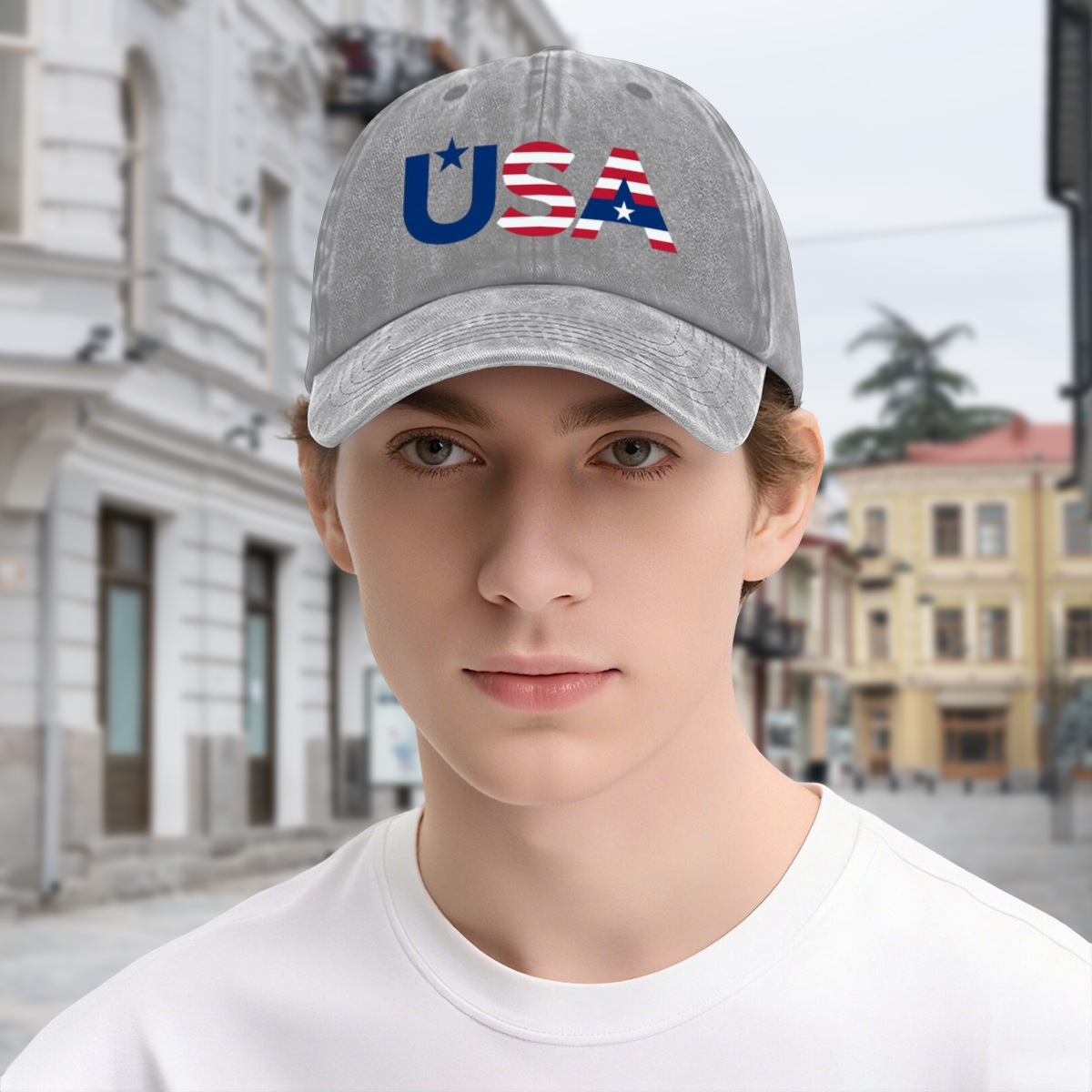 Male model wearing light gray star stripe USA vintage washed baseball cap, casual street patriotic outfit for America’s 250th anniversary