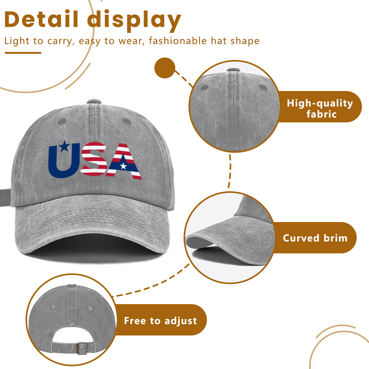 Detail display of washed cotton patriotic cap, premium soft breathable fabric, curved sun visor, adjustable metal buckle back strap