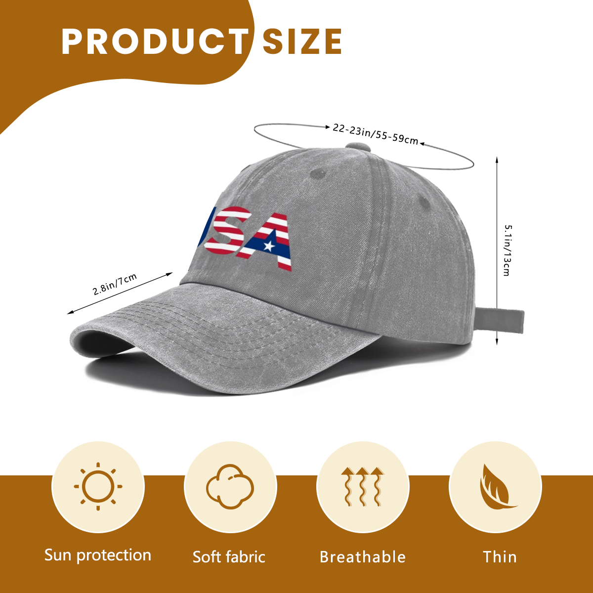 Size diagram of 250 years USA vintage dad hat, adjustable 55-59cm head circumference, lightweight sun protection cotton patriotic cap