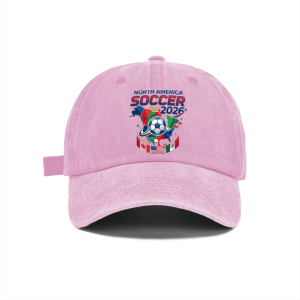 Light pink distressed cotton baseball cap, tri-host continent map flag soccer emblem graphic 2026 World Cup casual sports hat