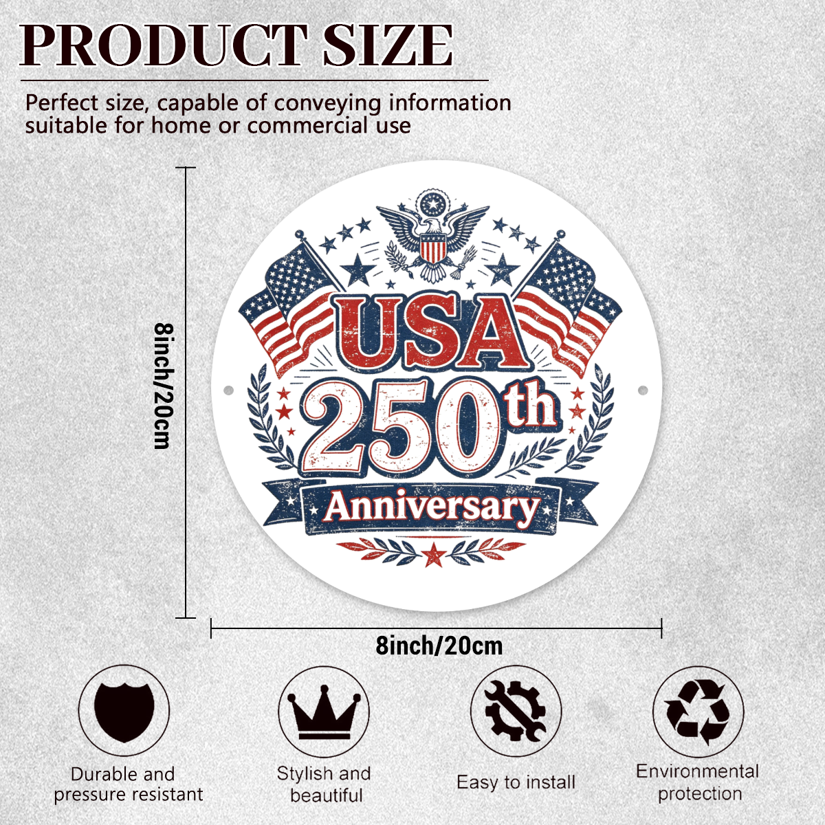 Size chart of the 8-inch/20cm round metal sign, highlighting features: durable, stylish, easy to install, eco-friendly