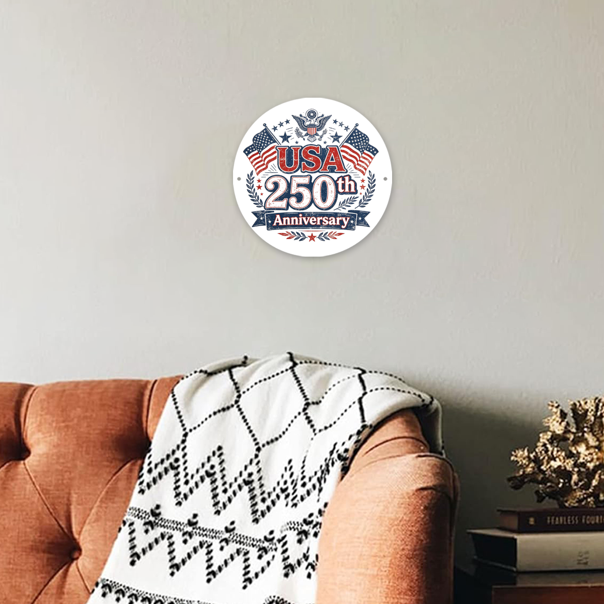Lifestyle shot of the “USA 250th Anniversary” metal sign mounted on a living room wall, showing home decor use
