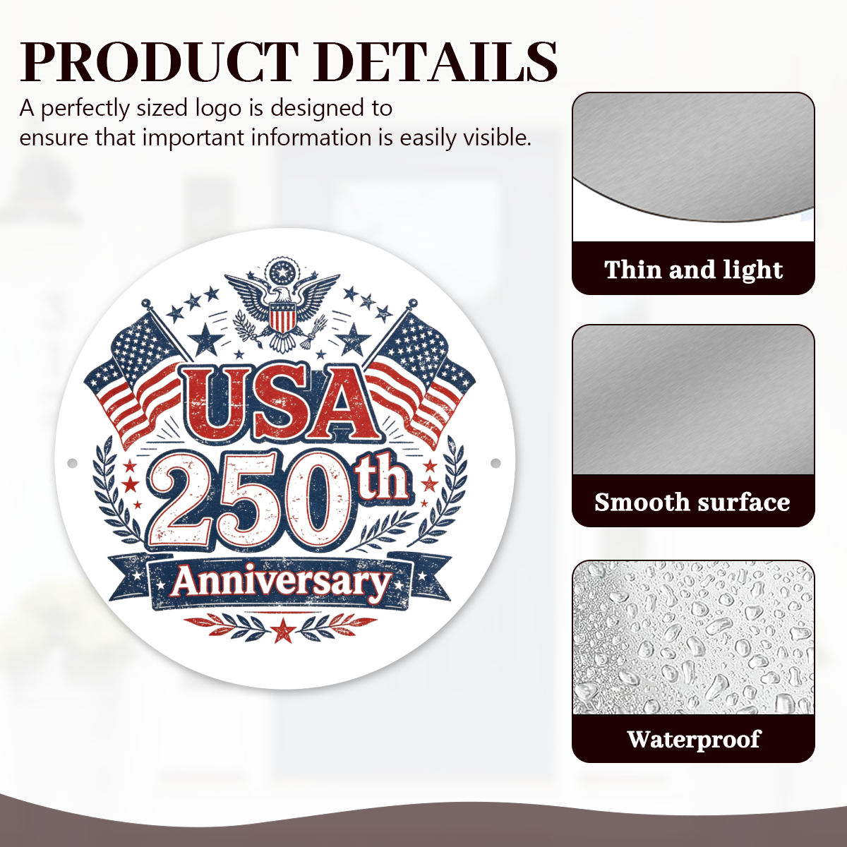 Product details infographic highlighting the metal sign’s features: thin and light, smooth surface, and waterproof finish