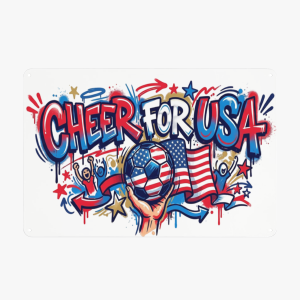 8x12 inch vintage metal tin sign, graffiti street art print "CHEER FOR USA", American flag soccer ball, cheering fans, World Cup wall decor plaque