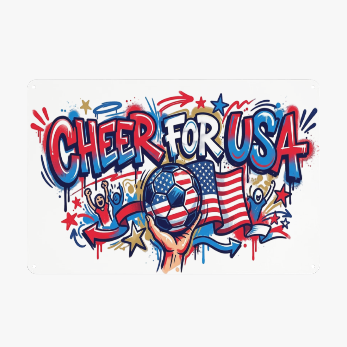 8x12 inch vintage metal tin sign, graffiti street art print "CHEER FOR USA", American flag soccer ball, cheering fans, World Cup wall decor plaque