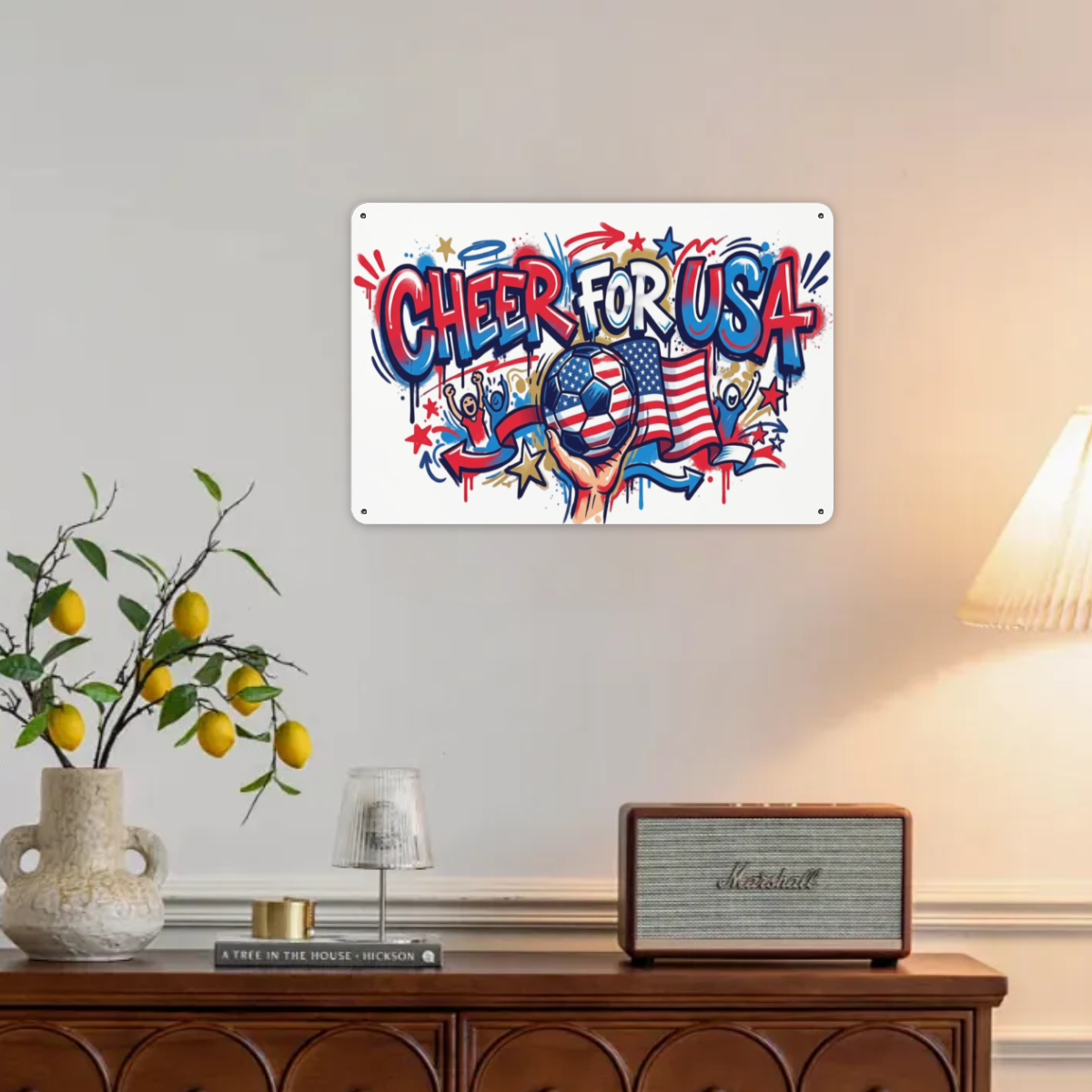 Lifestyle wall shot: USA soccer World Cup tin sign mounted on indoor living room wall above wooden cabinet