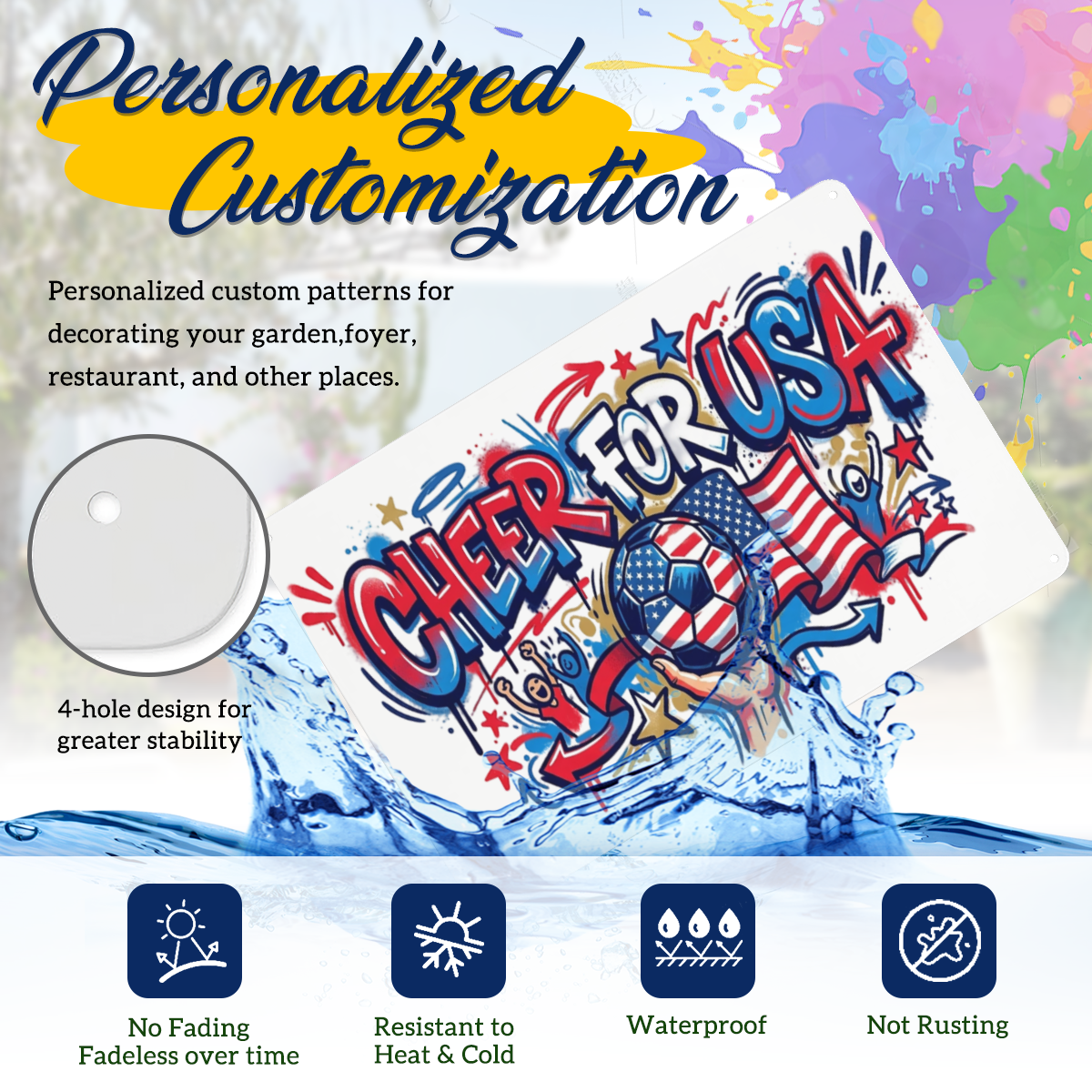 Feature graphic showing waterproof, rustproof, fade-resistant performance, pre-drilled 4-hole mounting design for outdoor & indoor use