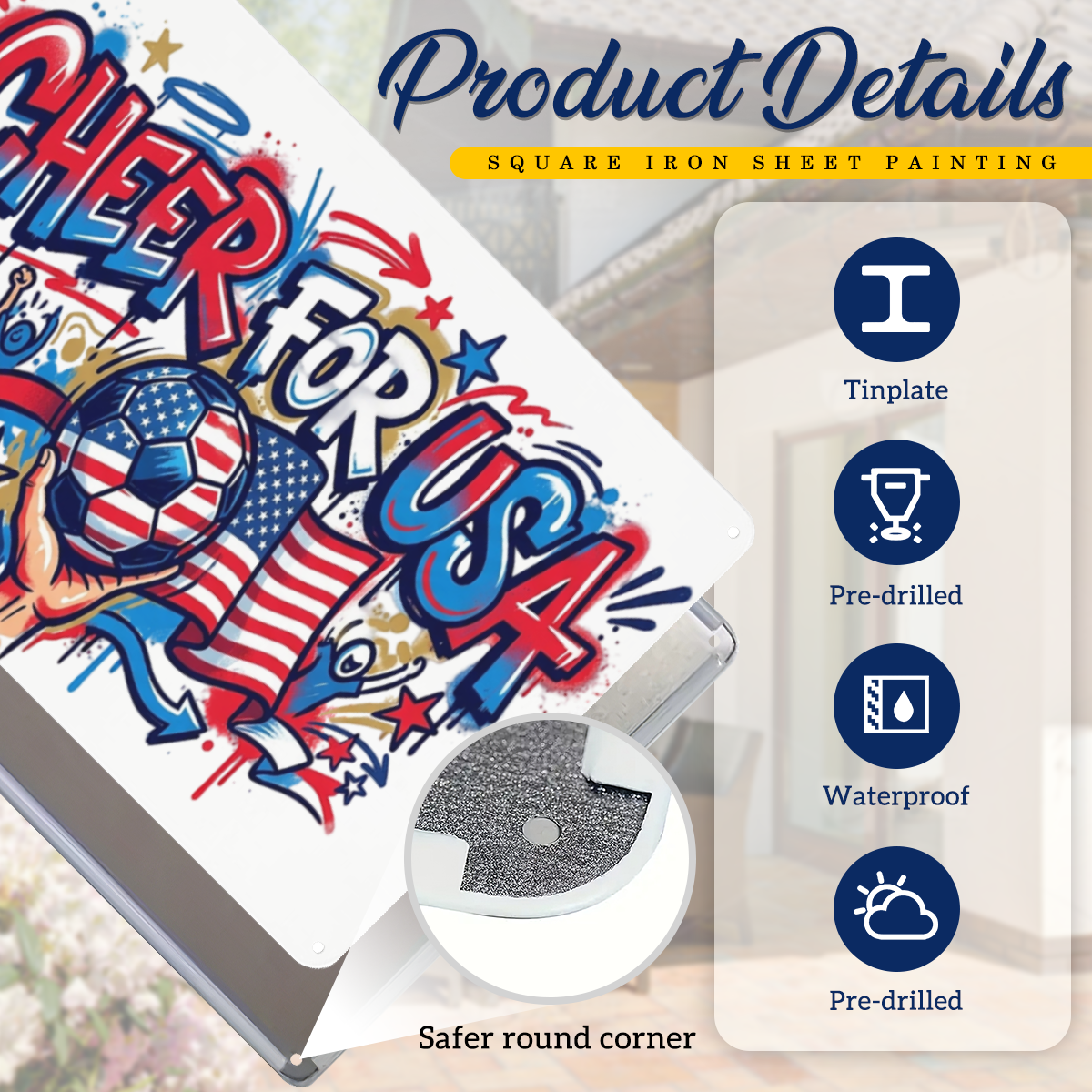 Product detail close-up: lightweight tinplate material, smooth round safe corners, pre-punched hanging holes, weatherproof World Cup USA soccer metal plaque