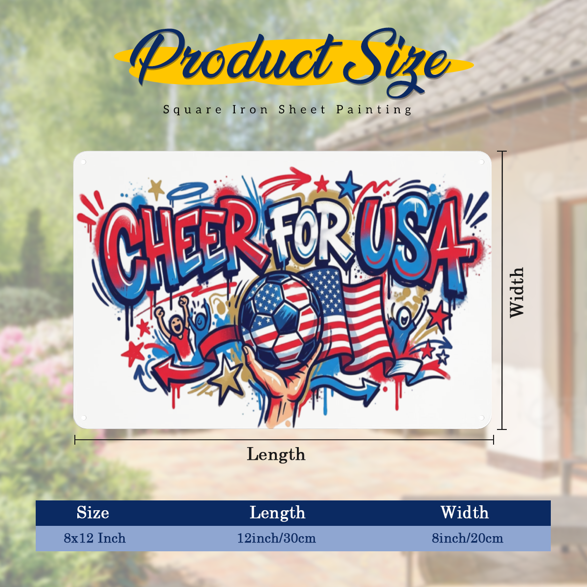 Size chart diagram: 12in × 8in (30cm × 20cm) rectangular World Cup Cheer For USA metal tin wall art