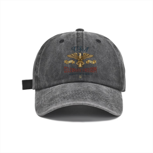 Dark grey washed cap: Dark distressed wash cotton baseball cap with vintage eagle Liberty Bell 1776-2026 patriotic graphic