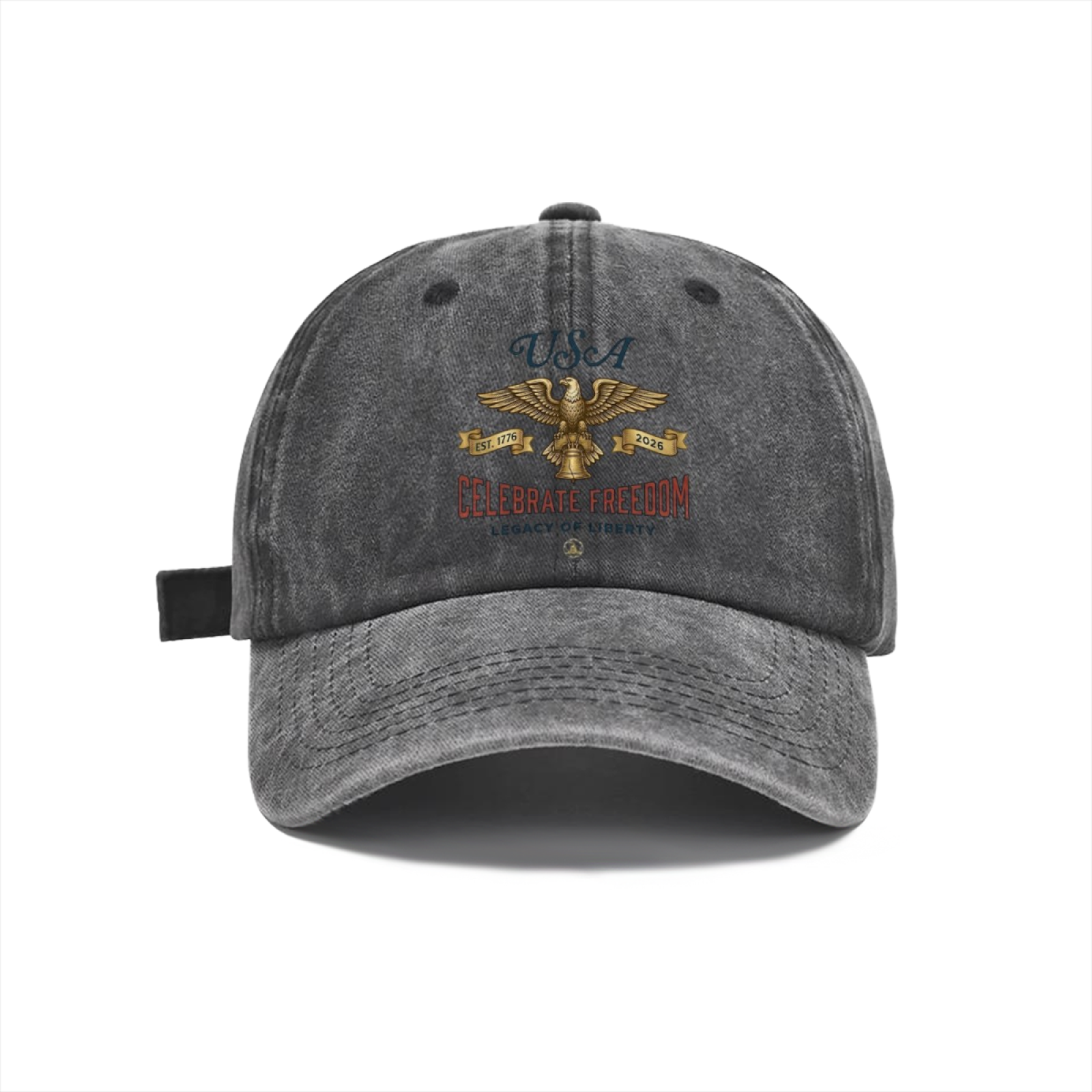 Dark grey washed cap: Dark distressed wash cotton baseball cap with vintage eagle Liberty Bell 1776-2026 patriotic graphic