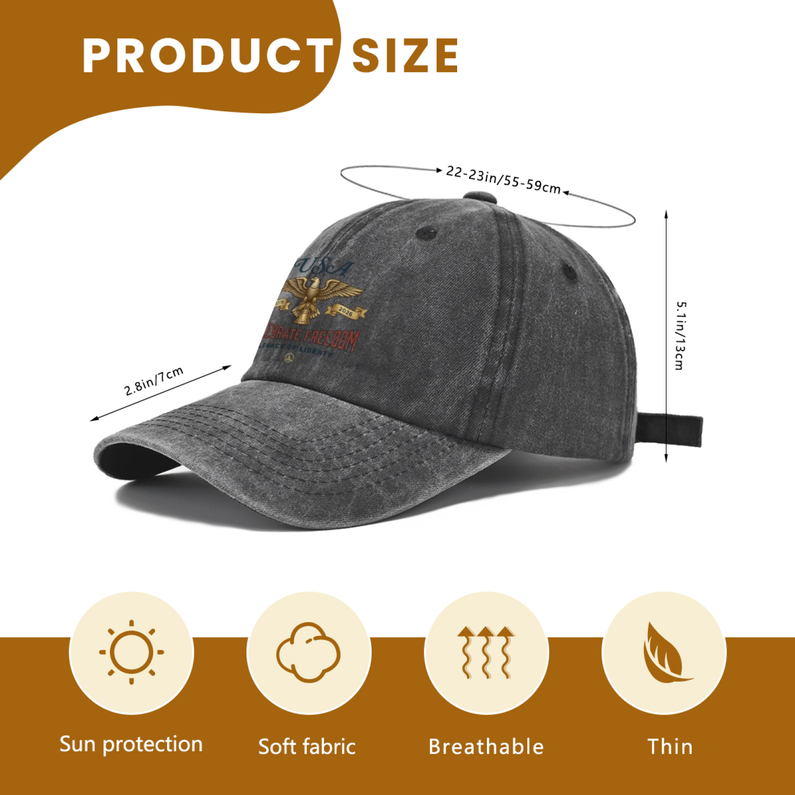 Size chart: USA 250 patriotic washed cap dimension info, head circumference 22-23in, breathable sun-proof cotton
