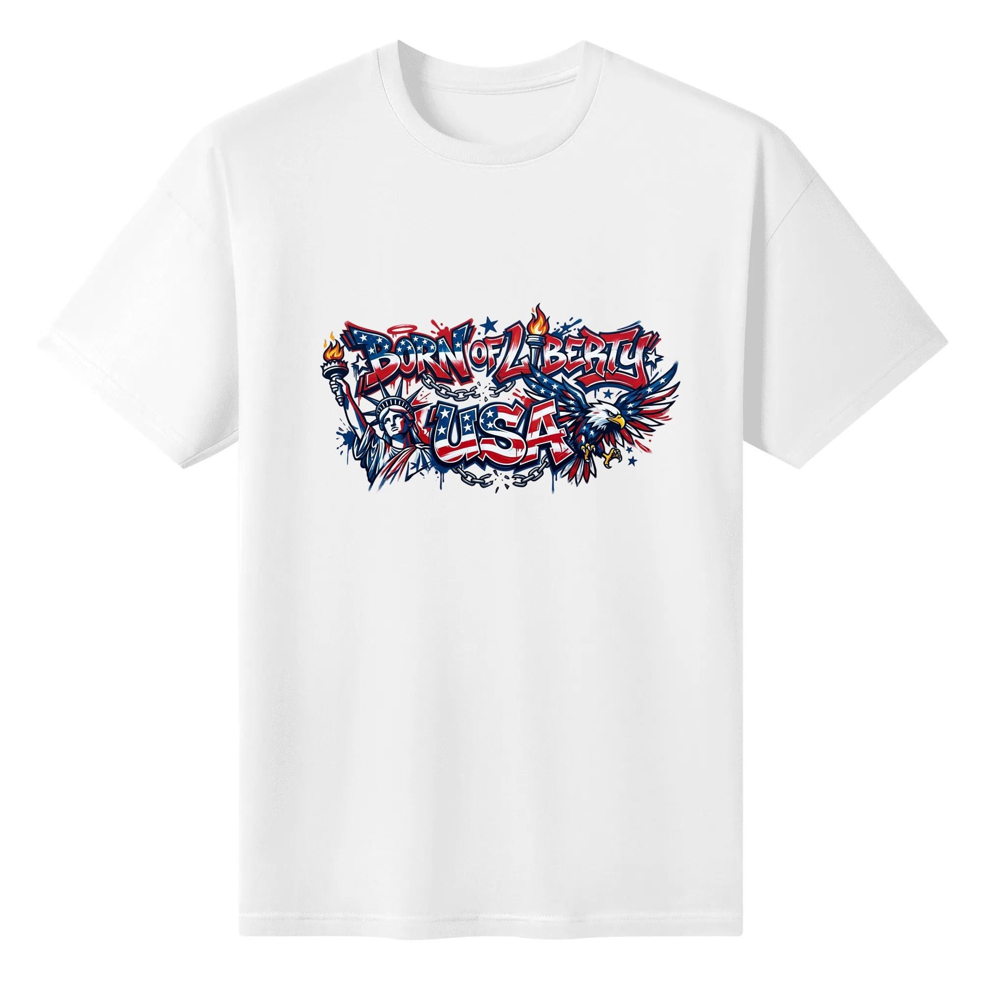 Plain white crew neck cotton t-shirt with red-blue graffiti USA eagle Statue Of Liberty front graphic.