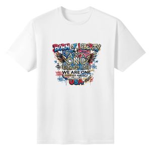 Flat lay white cotton short sleeve tee with Born of Liberty We Are One Forever America USA Eagle graffiti flag print, vintage patriotic mens graphic t-shirt blank background
